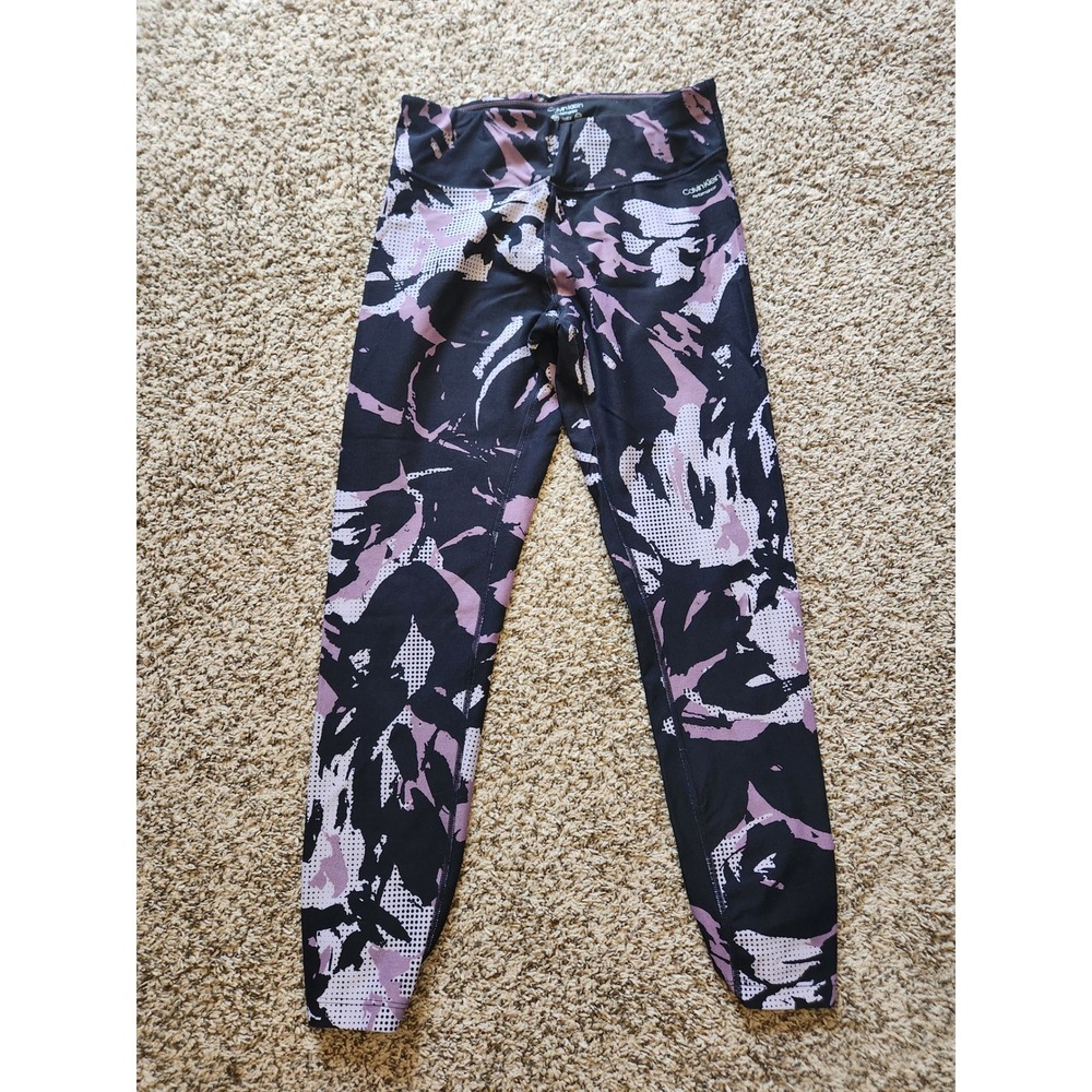 Calvin Klein Performance Floral Leggings Purple‎ Black Abstract Small Wicking